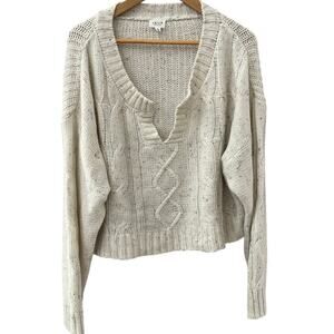 Le Lis Oversized‎ Wool-Blend Cable Knit Cropped V-Neck Cream Sweater Size Large
